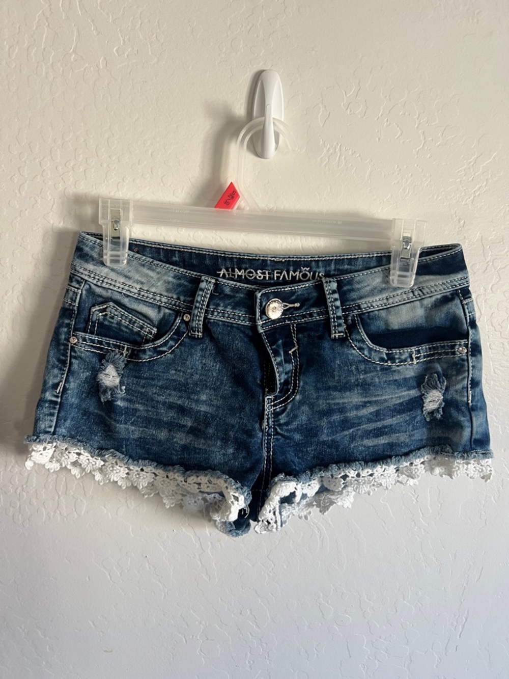 Almost Famous Dark Blue Distressed Denim Shorts with White Lace Trim